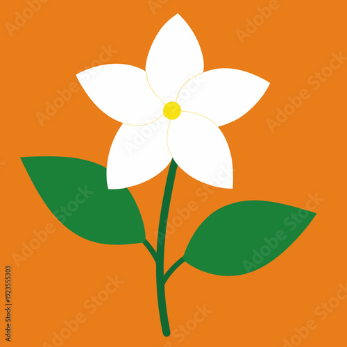 Simple white five-petal flower on a stem with leaves on an orange background.