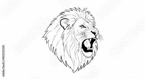 A black and white sketch of a lion roaring, showing its fierce expression