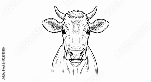 A black and white sketch of a cow's head with horns and large ears