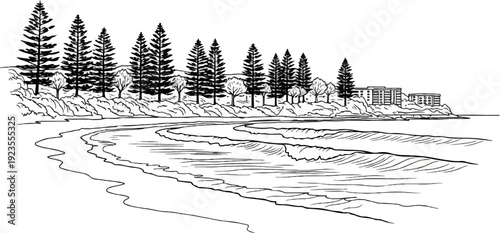A black and white sketch of a coastal scene with buildings and trees