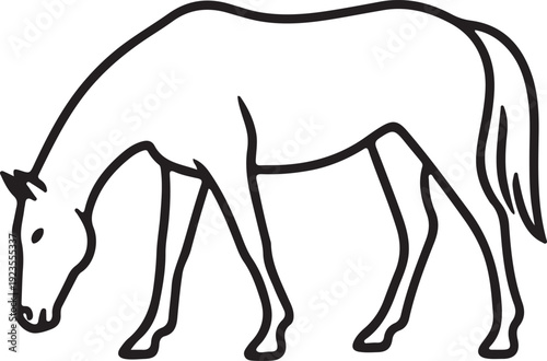 Slim athletic horse bending head to graze, simple line icon, modern outline style, scalable SVG. in silhouette of white background.