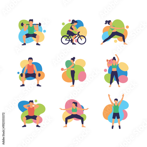 Diverse people exercising with colorful abstract shapes background fitness exercise