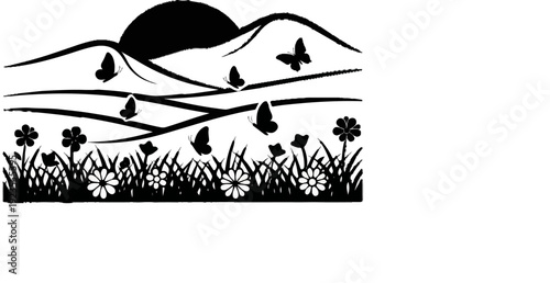 A black and white silhouette of a vibrant meadow under a setting sun