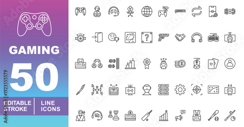 Esports & Professional Gaming Icons. Editable stroke icons for competition. Featuring pro players, headsets, server racks, treasure chests, and tournament rankings for mobile and web UI.