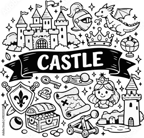 Black and White Castle Illustration.