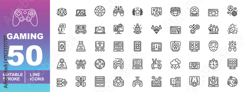 Esports & Online Gaming Icons. Editable stroke icons for social gaming. Featuring pro players, tournament brackets, clan trophies, streaming chat, and server connection symbols for app UI.