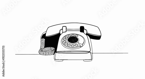 A black and white line drawing of a vintage rotary dial telephone