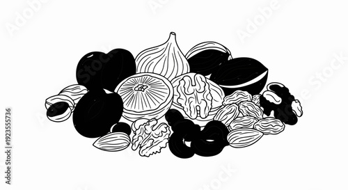 A black and white line drawing of a variety of dried fruits and nuts