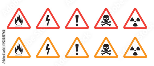 Hazard Warning Signs Icons Set. with Red and Orange Triangles, Safety Symbols on White Background for Danger Alert.