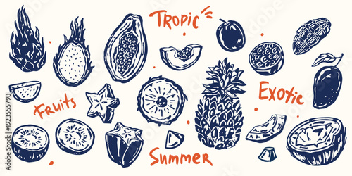 Hand-drawn whimsical vector doodle set of tropical fruits: dragon fruit, carambola, papaya, passion fruit, mango, coconut, pineapple, kiwi. Fun, playful illustrations for summer prints