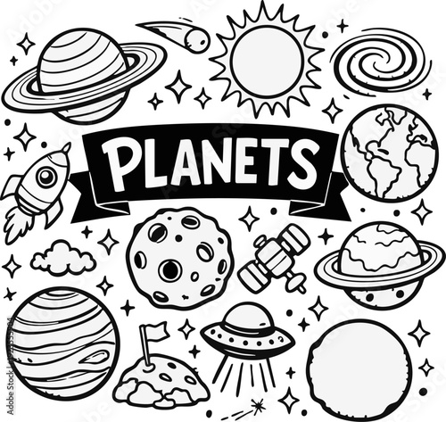 Black and White Planets Illustration.