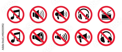 Modern Vector Set of No Sound Icons Illustrating Mute, Silence, and Prohibited Audio Symbols in a Clean, Minimalist Design.