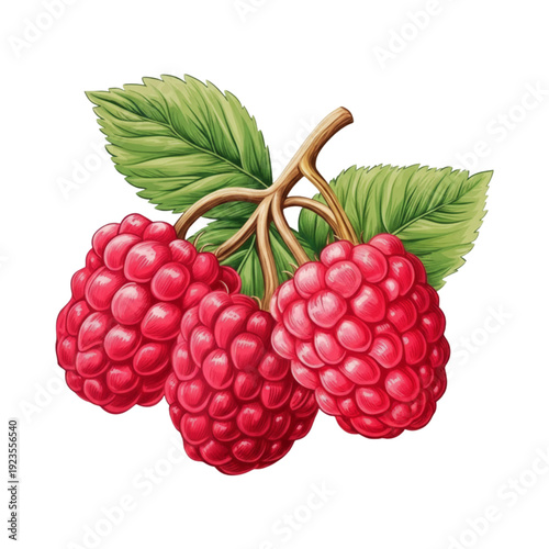 Botanical Illustration of Fresh Raspberries on the Vine