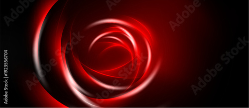 Abstract red swirl, dynamic curves, dark background. Intense glow creates captivating visual effect. Smooth gradients, modern design.