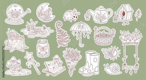 A whimsical collection of enchanting fairy-tale illustrations featuring nature-inspired elements and magical objects.