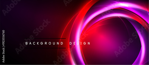 Abstract background features vibrant concentric circles. Red, purple hues dominate dark space. Modern design element.