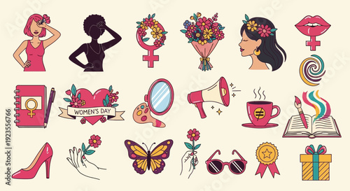 A vibrant collection of diverse icons celebrating International Women's Day, featuring symbols of empowerment, beauty, and celebration.