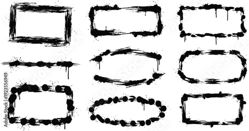 Collection of nine distinct grunge black paint splash splatter rectangular and oval frames borders set on a white background