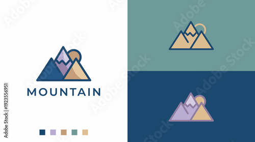 An artistic depiction of mountains with a sunset, symbolizing adventure and the serenity of nature; perfect for branding around travel, exploration, and outdoor experiences.