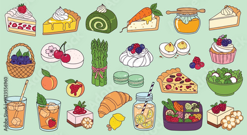 A vibrant collection of delicious desserts, fresh fruits, vegetables, and refreshing drinks arranged on a light green background.