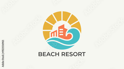 This image features a colorful logo for a beach resort, showcasing waves, a sun, and a building, reflecting a tropical atmosphere ideal for holiday getaway experiences.
