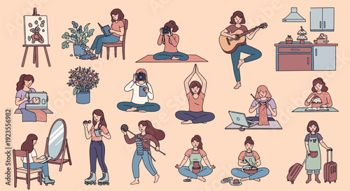 A collection of illustrations depicting women engaged in various hobbies and activities, showcasing diverse interests and creative pursuits.