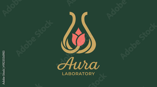 The logo highlights a sophisticated design featuring an elegant lotus flower and a unique flask shape, representing purity, science, and innovation in a laboratory setting.