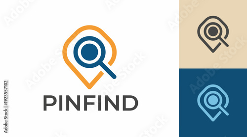 A modern logo design featuring a location marker and magnifying glass, ideal for apps focused on search and navigation in various contexts and themes.