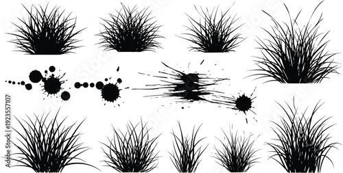 Collection of detailed black silhouette vector graphic elements featuring various dense clumps of wild grass and assorted ink splatter designs on a white background.