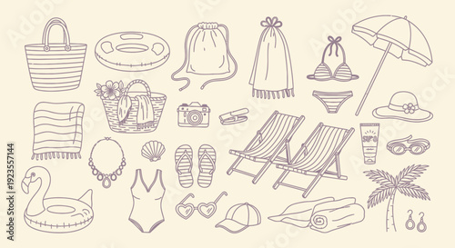 A charming hand-drawn illustration of various beach and summer vacation essentials, including swimwear, towels, and relaxation items, presented in a whimsical sketch style.