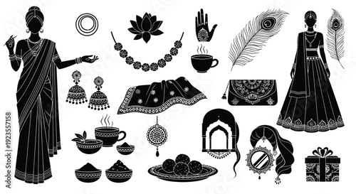 Collection of Indian cultural elements including traditional clothing, jewelry, food, and decorative items, presented in a silhouette style.