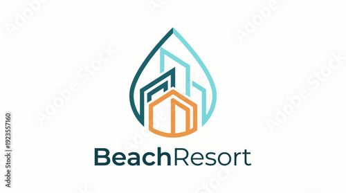 This logo combines a water drop and modern buildings, highlighting a beach resort's refreshing atmosphere, perfect for promotional materials in tourism and hospitality sectors.