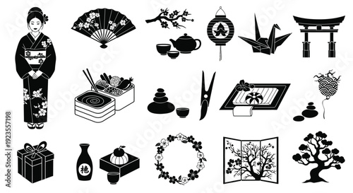 A collection of black and white Japanese cultural icons, including a geisha, traditional clothing, food, and decorative elements.