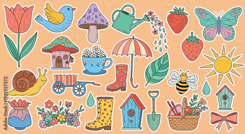 A vibrant collection of whimsical spring and garden-themed illustrations on an orange background.