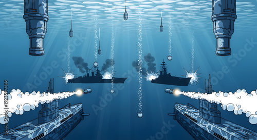 Underwater naval battle scene with submarines and warships engaging in combat