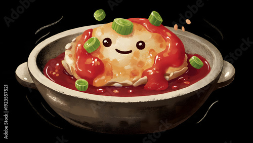 Adorable Stuffed Dumpling with Spicy Sauce, Garnished with Green Onions, Steaming Hot