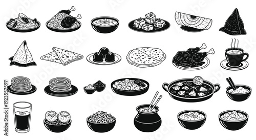 A black and white illustration showcasing a diverse collection of Indian food items, including various dishes, sweets, and beverages.