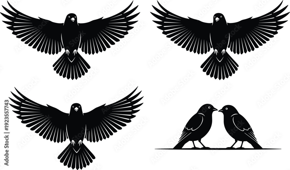 Fototapeta premium Set of crow silhouette icons with flying black birds spread wings and raven couple perching cad drawing flat vector illustration medical icon