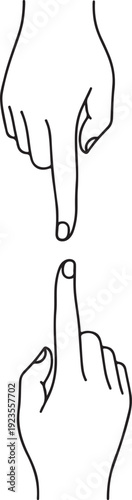 Two fingertips approaching, simple thin line vector on white background silhouette.