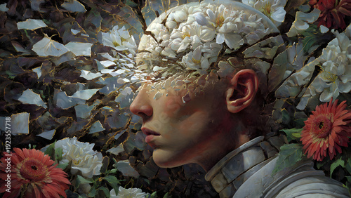 Surreal Mindscape Fragile Human Head Blossoming with White Flowers Amidst a Garden of Thought and Growth