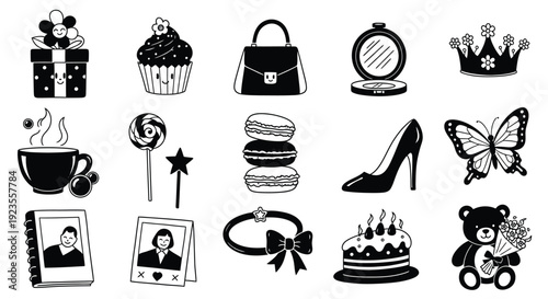 A collection of black and white icons representing feminine interests and celebrations, including gifts, sweets, fashion, and toys.