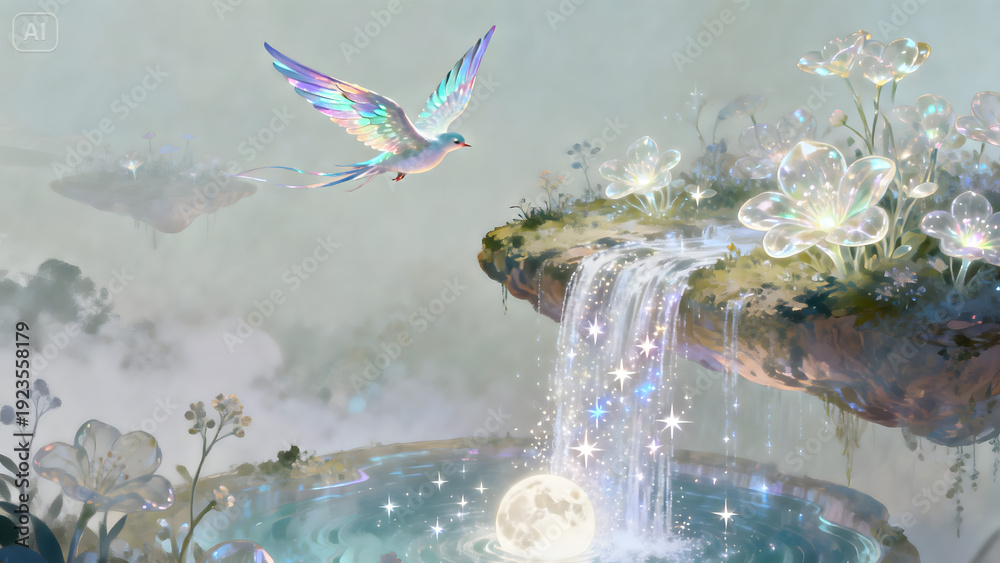 Fototapeta premium Enchanting bird with iridescent plumage soars over a magical waterfall in a dreamlike landscape