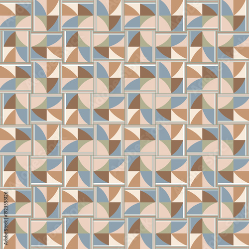 Geometric tile pattern of mind uncluttering with interlocking shapes, featuring muted tones of beige, brown, blue, and white.