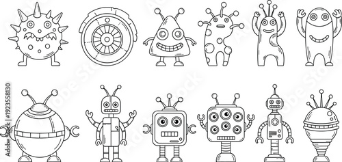 Line art collection of cute robots and funny aliens with antennas in various mechanical and extraterrestrial shapes isolated on white background vector