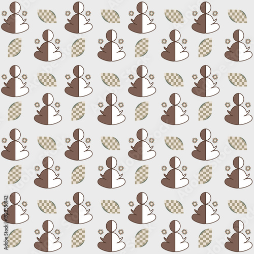 Repeating geometric pattern of mind uncluttering  featuring abstract human-like figures seated, divided into two shades—brown and white.