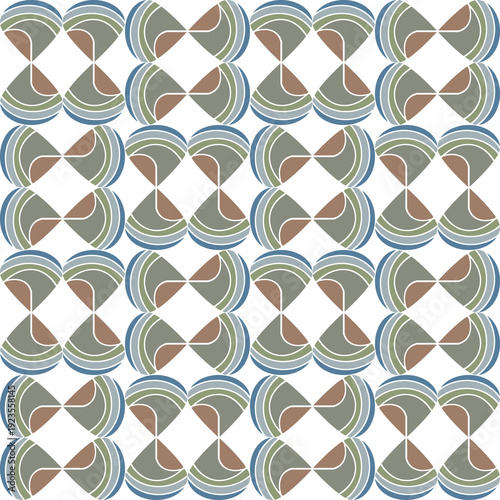 Seamless geometric pattern of mind uncluttering featuring interlocking shapes resembling hourglasses, created with curved lines in muted tones of blue, green, and brown. 