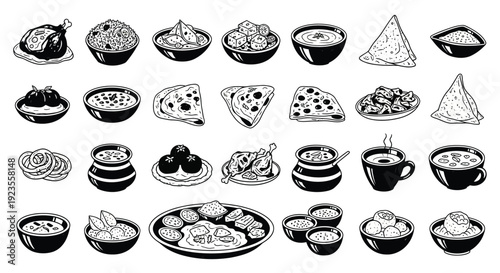 A detailed black and white illustration showcasing a diverse array of traditional Indian food items and beverages, presented in a grid layout.