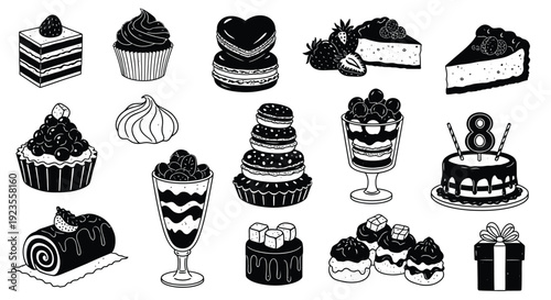 A collection of black and white illustrations of various delicious desserts, including cakes, pastries, and sweet treats, presented in a clean, graphic style.