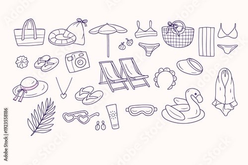 A charming collection of hand-drawn summer vacation and beach essentials, perfect for a relaxing getaway.