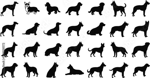 Black silhouettes of various dog breeds and cute puppies in sitting standing and walking poses isolated on white background for pet designs